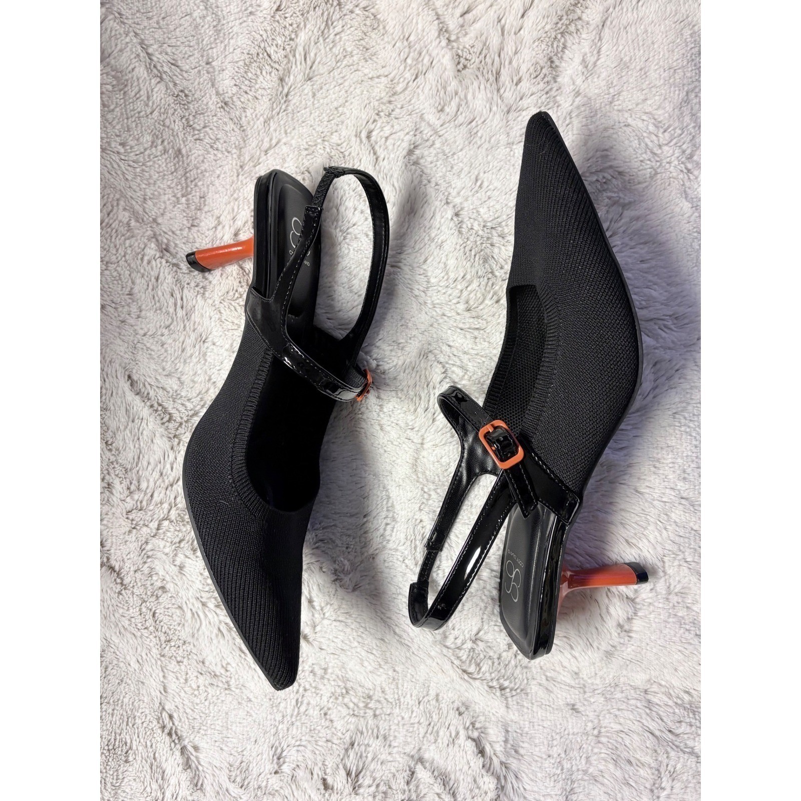 Cosy Island Knit Fabric Black Pointed Toe Slingback Heels Orange Stiletto Sz 6.5