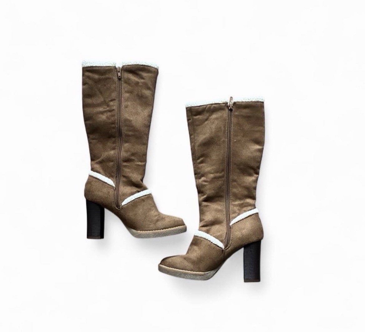 Fioni Women’s Brown Faux Suede Mid-Calf Zip Block Heel Round Toe Boots 6