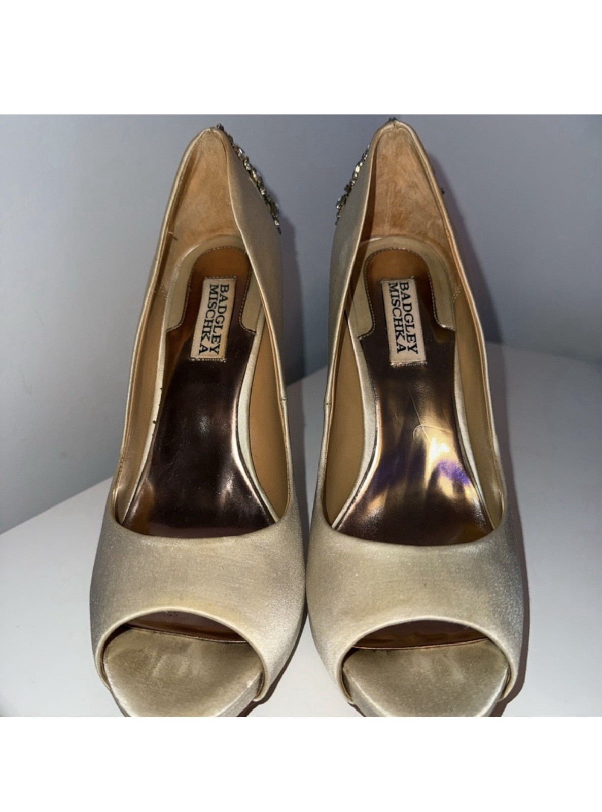 Badgley Mischka Gold Peep Toe Heel with Rhinestone Embellishments