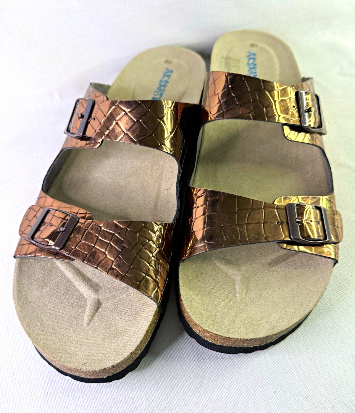 Akskate Women’s Bronze Crocodile Two-Buckle Adjustable Slide Sandals US 13 New