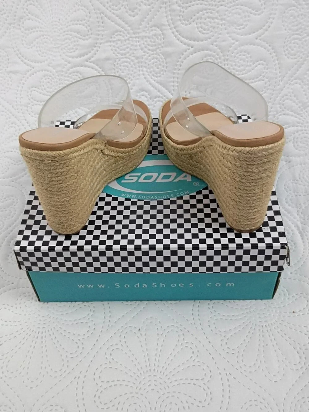 NWOT Soda Clear Strap Espadrille Wedge Sandals Size 7.5 | 5″ Platform Heel