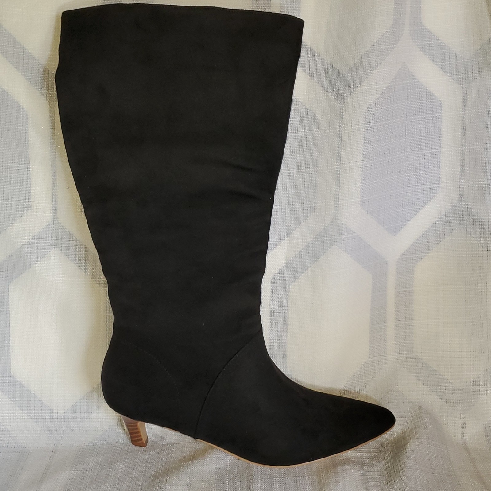 Coutgo Women’s Knee High Boots Black Pointed Toe Kitten Heel Pull On 8.5