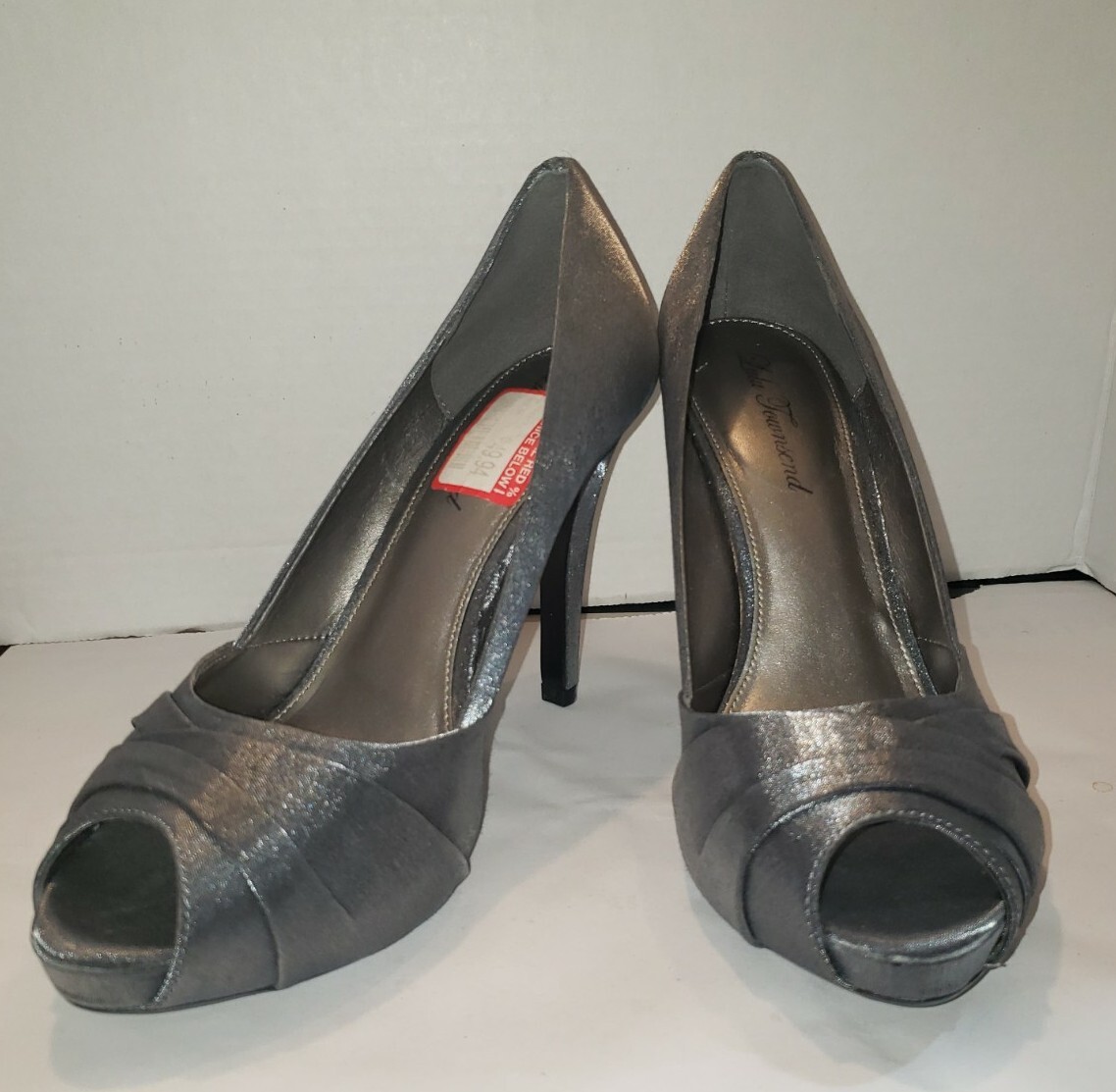LULU TOWNSEND PEEP-TOE HEELS GRAY SILVER SATIN PEWTER SHIMMER WOMEN’S SZ 9M NEW