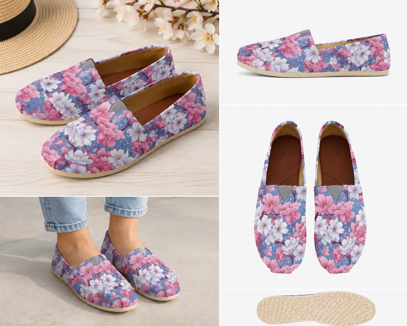 Japanese Cherry Blossom Slipons Ballerina Flat Pink Blue White Flower Comfy Shoe