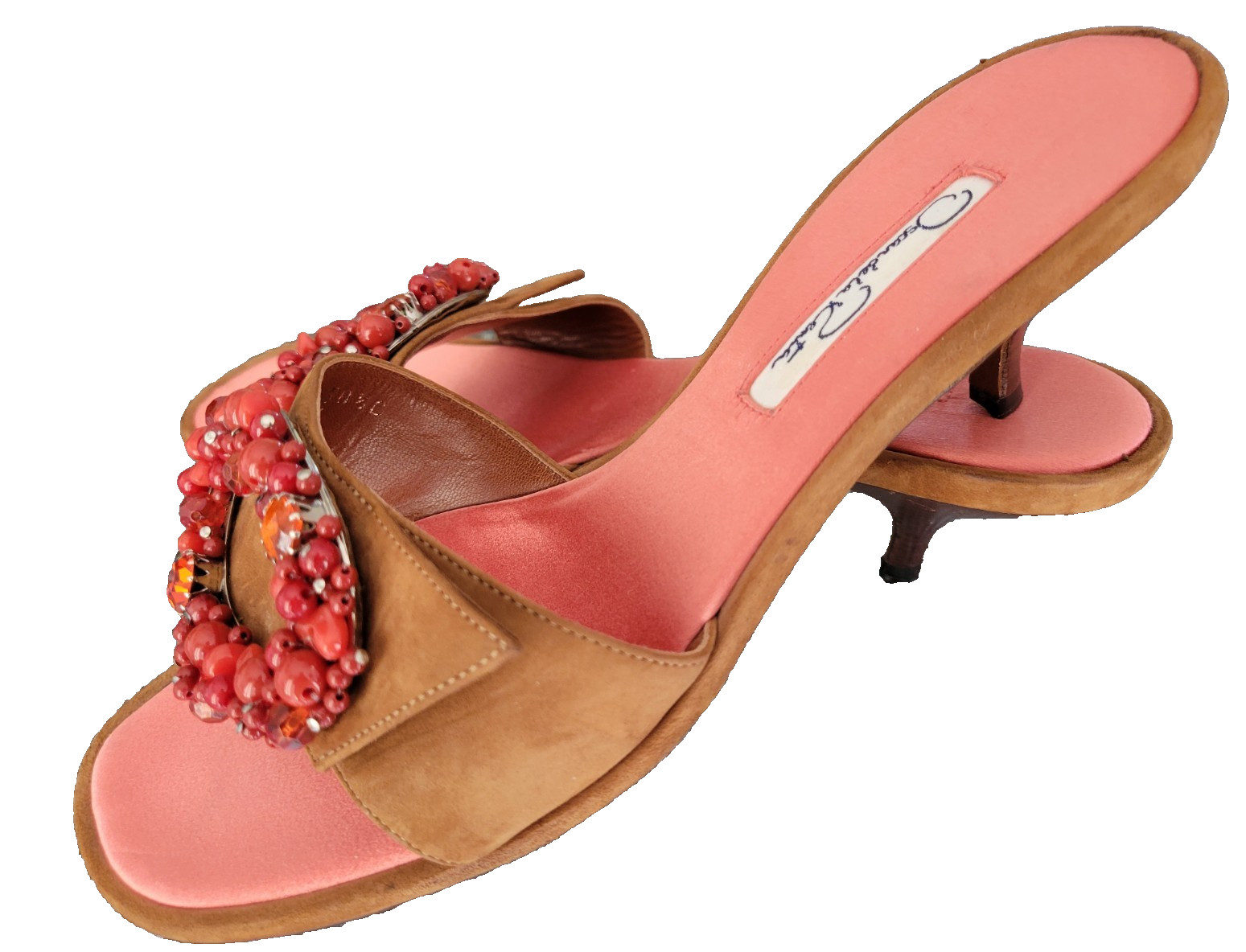 OSCAR DE LA RENTA BROWN SUEDE RED CRYSTAL EMBELLISHED LOW HEEL SHOES SLIDES 38.5