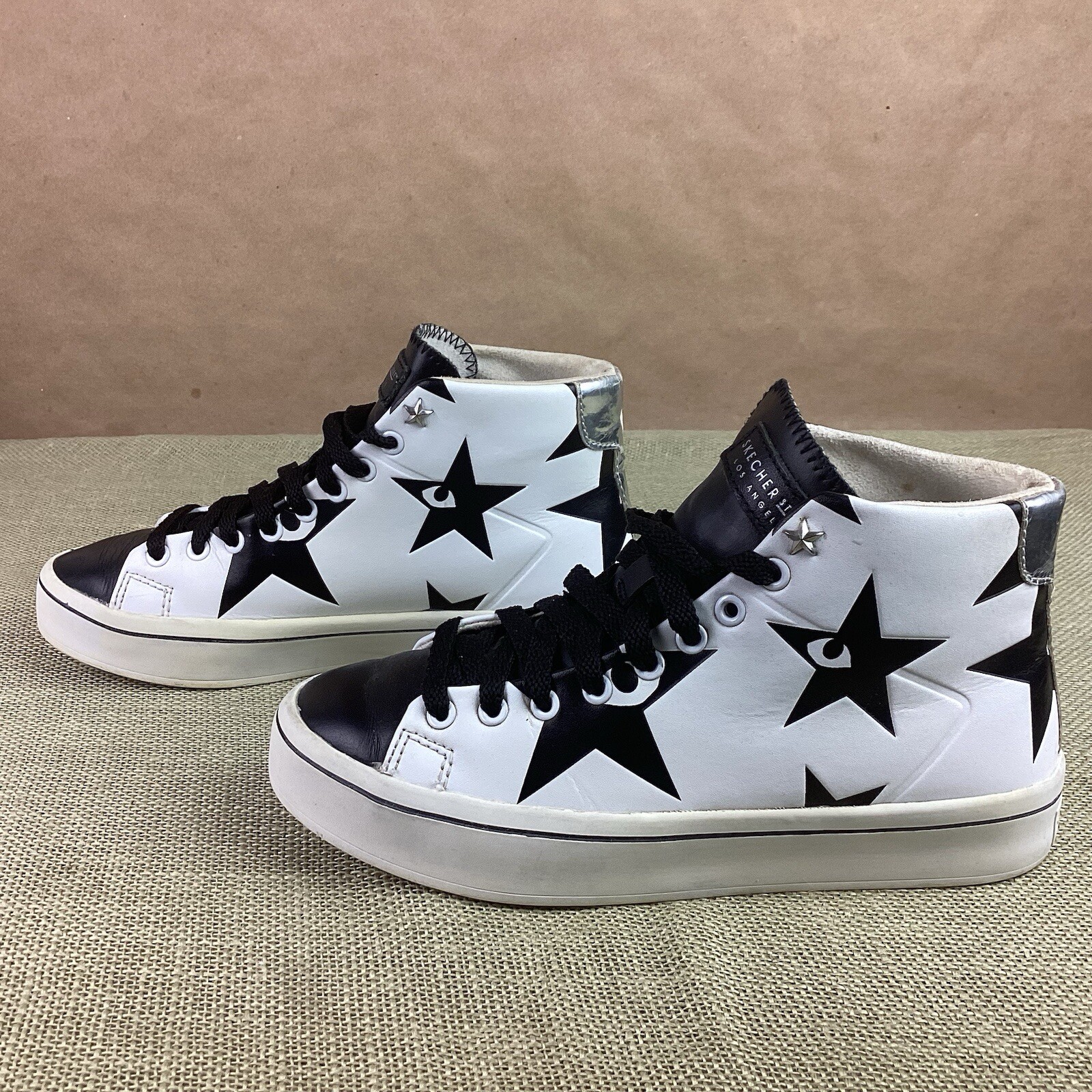 SKECHERS STREET Los Angeles AIR COOLED Sneakers Size 5.5 Leather High Top Stars