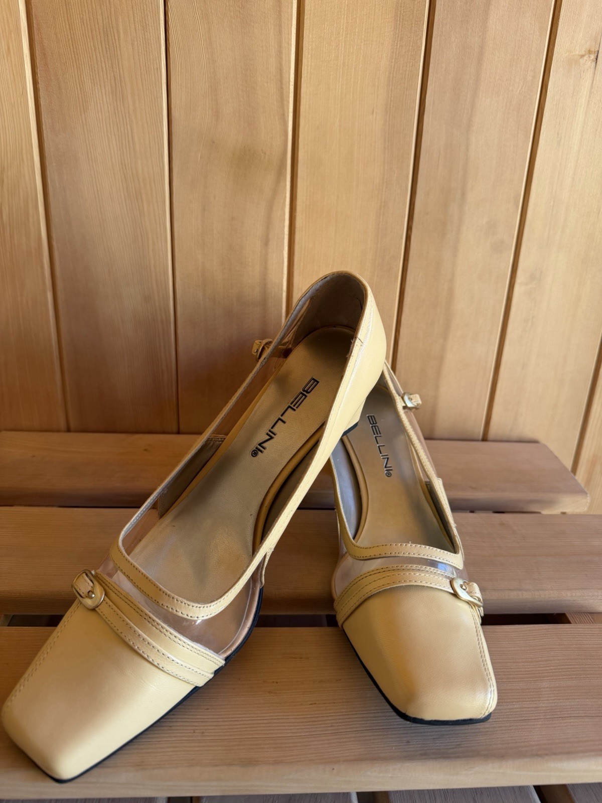 Vintage Bellini Pumps Size 8 M Yellow Clear Vinyl Square Toe Block Heel NWT 90s