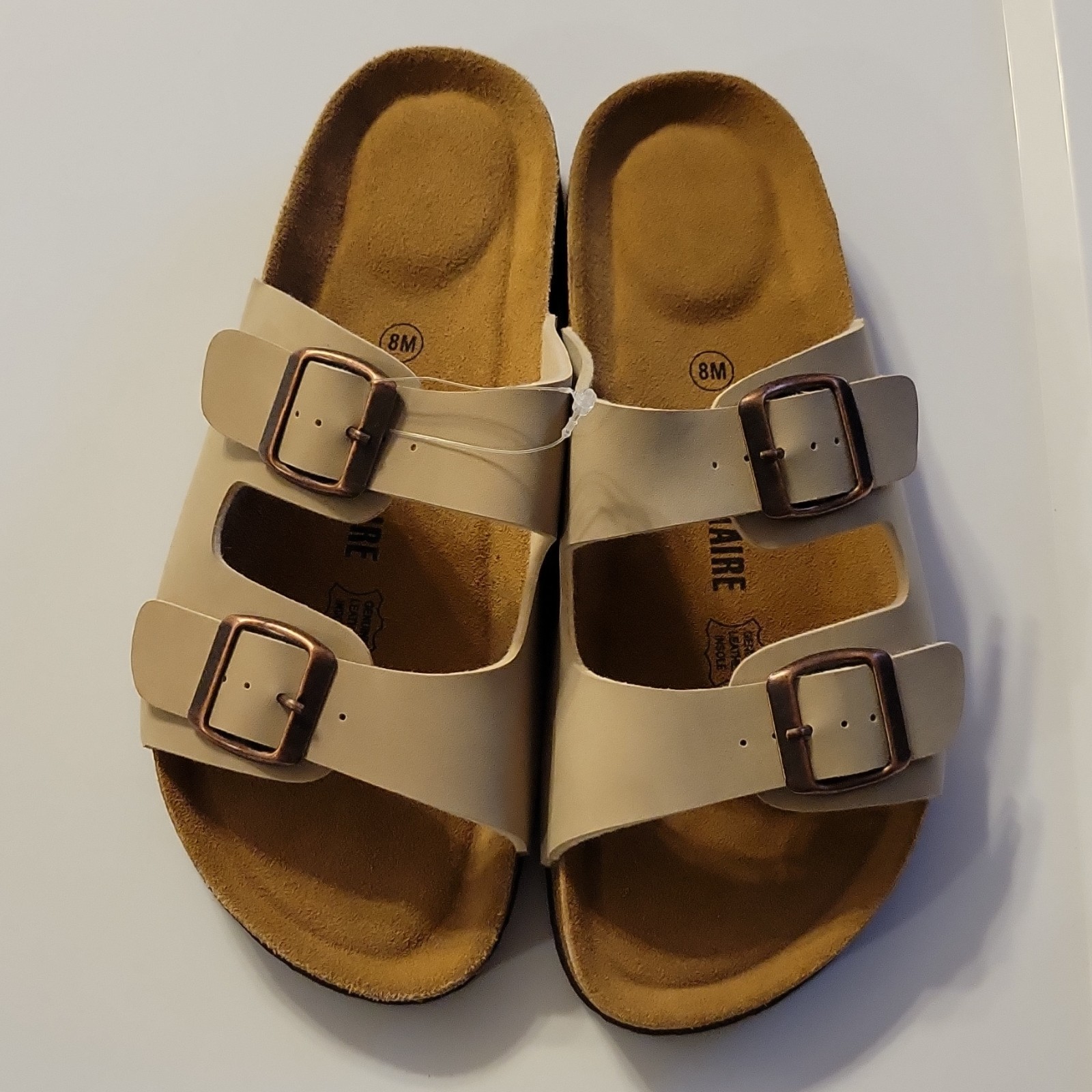 New Cushionaire Lane Womens Solid Lt Beige Leather Strappy Buckle Sandals 8M