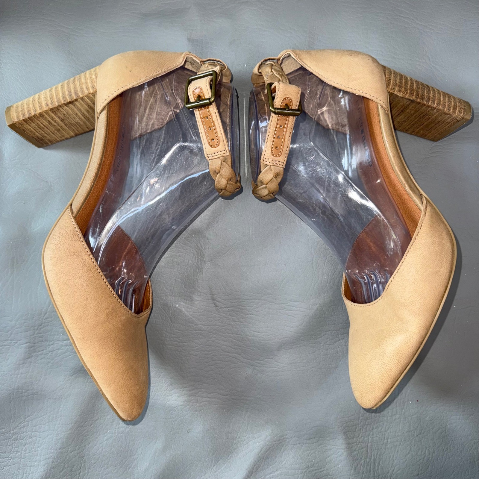 Lucky Brand Memyia Tan Leather Braided Ankle Strap Block Heel Pumps Shoes 9.5M