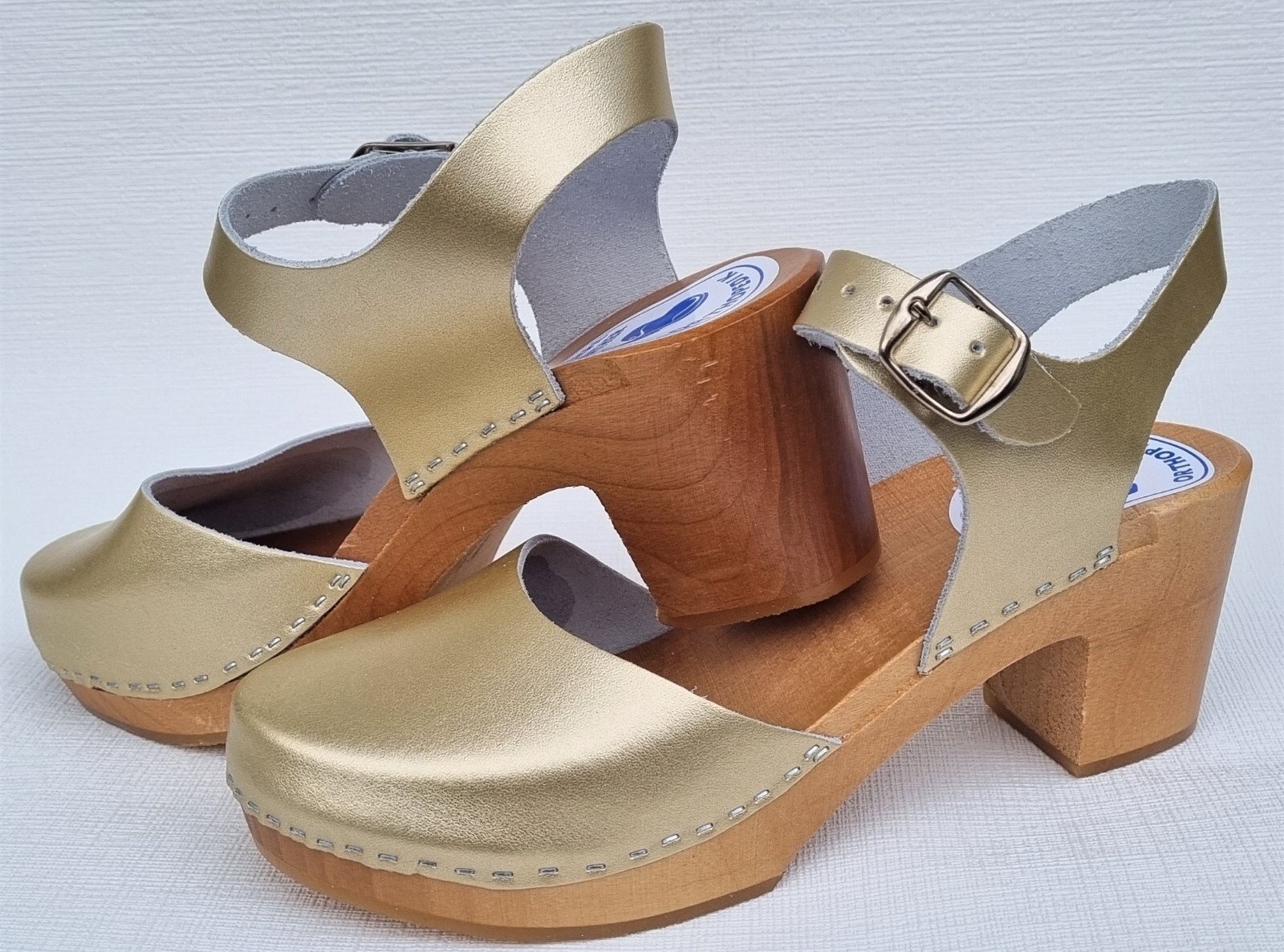 WOOD CLOGS wooden mules sandals size 38 *gold* real beef leather handmade