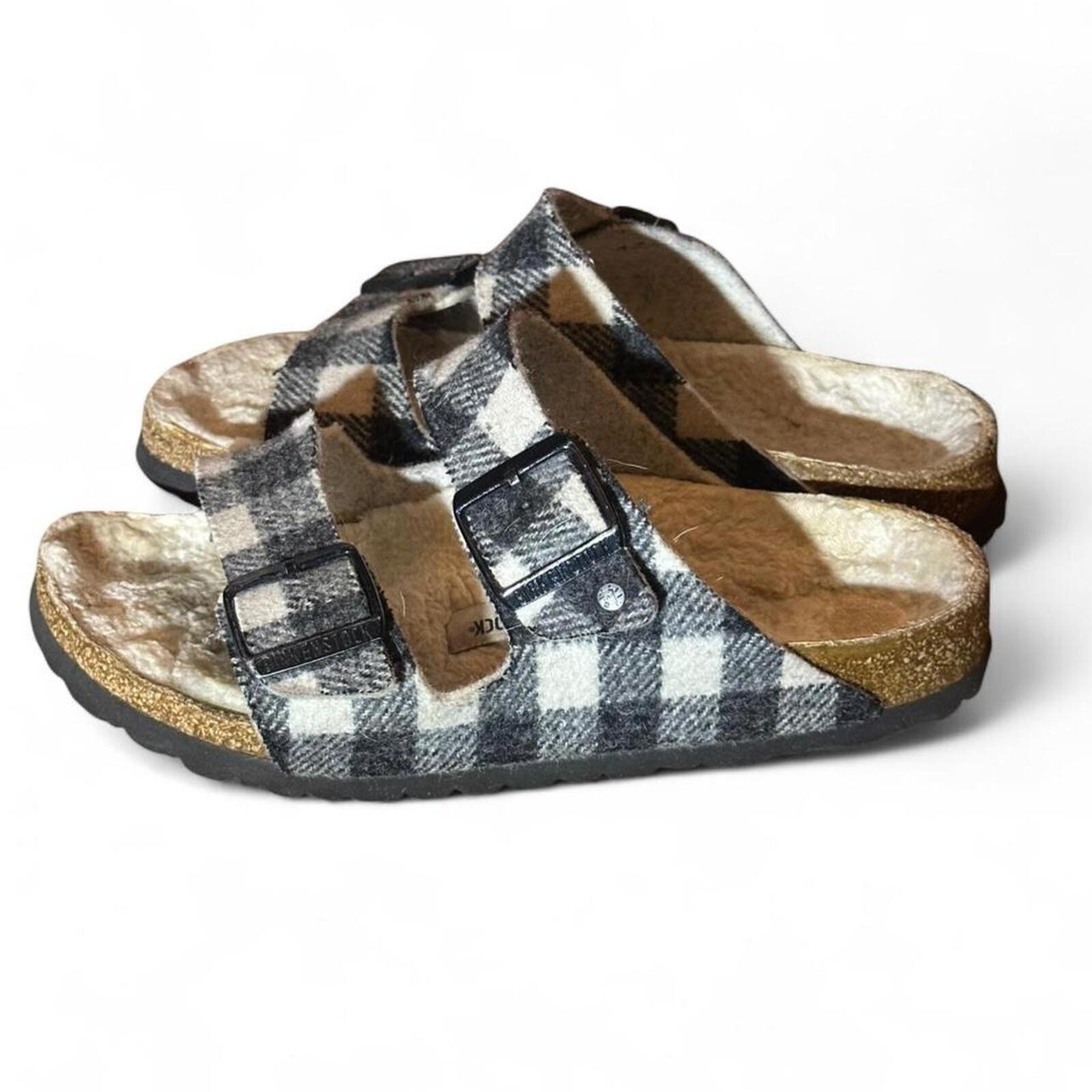 Birkenstock Arizona Shearling Plaid White Sandal Size 38 Narrow / Regular
