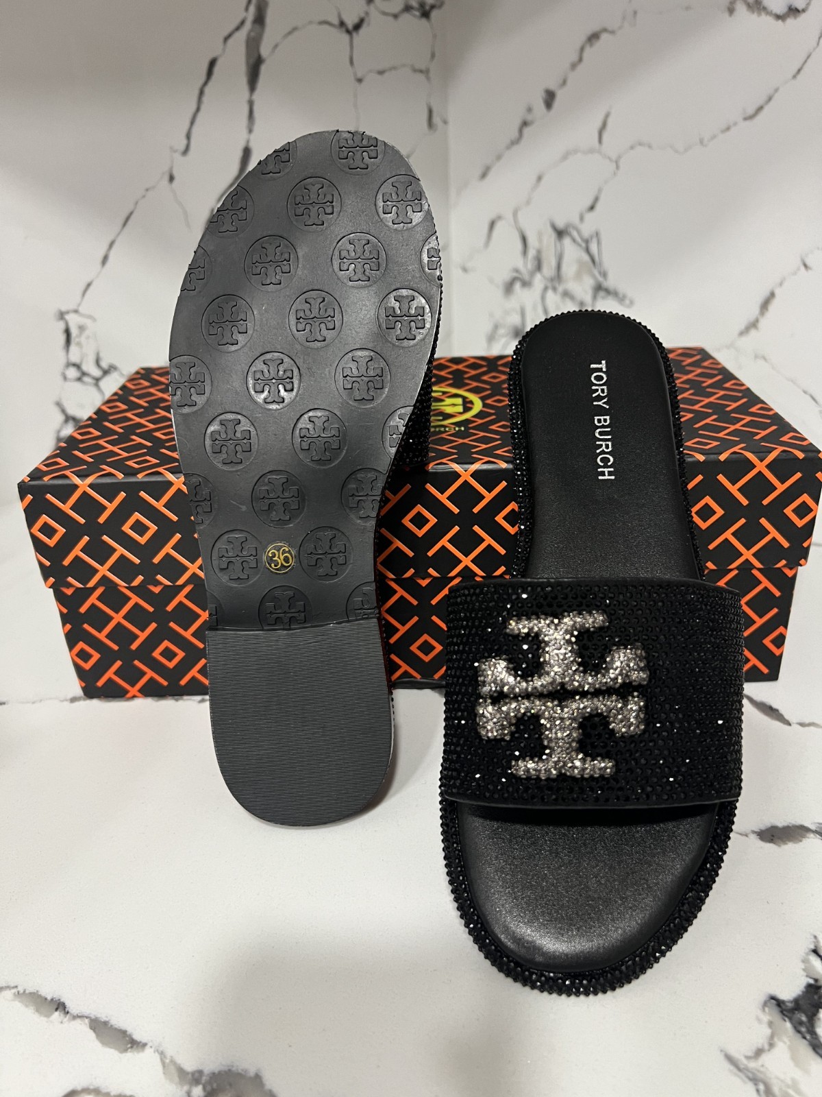 Tory Burch Everly Slide Sandals Perfect Black/Crystal Size 8