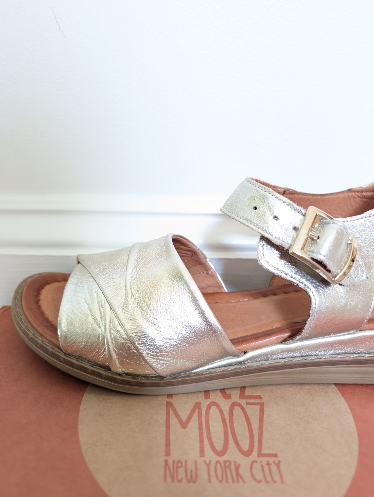 Miz Mooz Leather Adjustable Low Wedge Sandals Haley Gold EU 40W (US 9W)