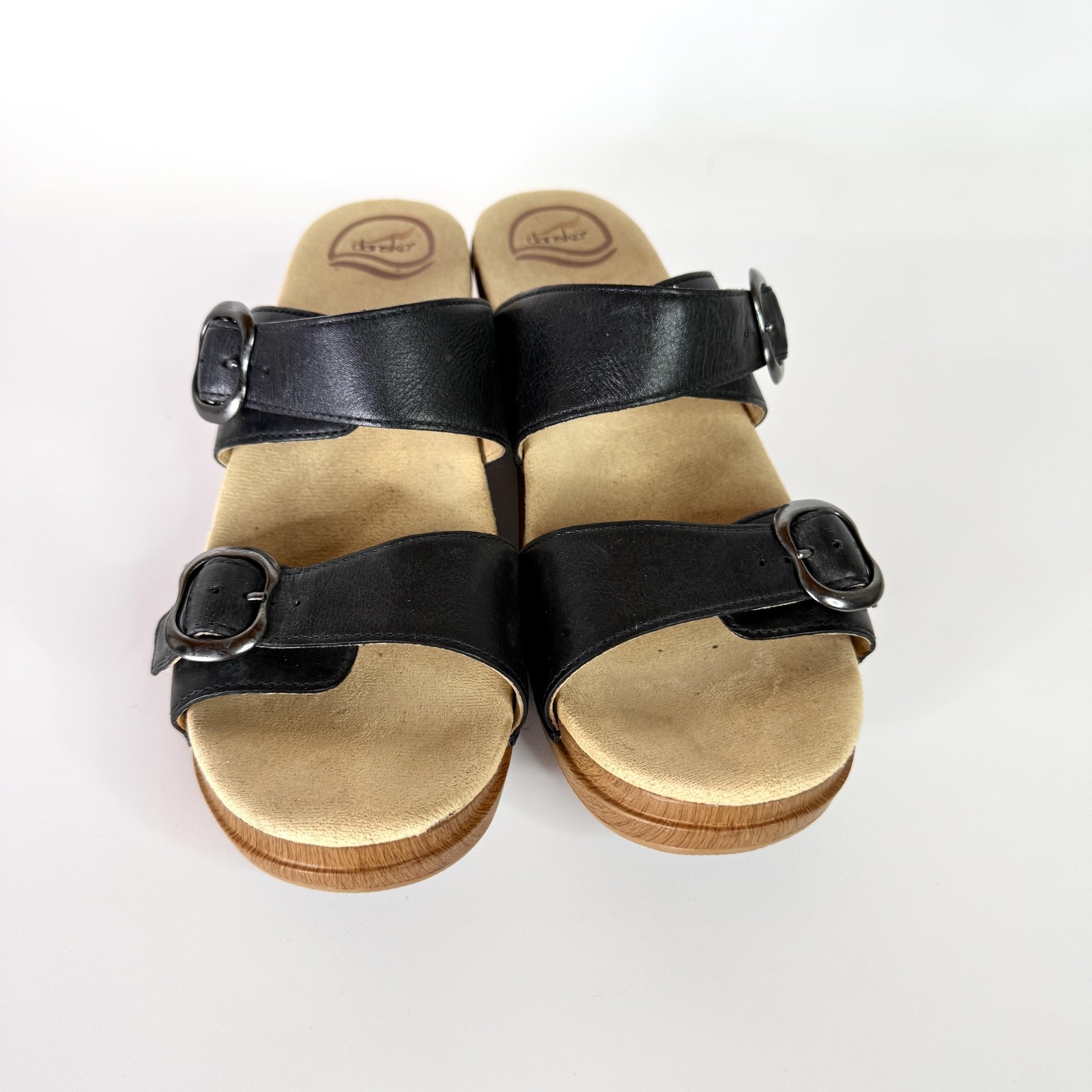 Dansko Sandals Womens Size 9 Black Leather Slide Wedge Buckle Comfort Shoes