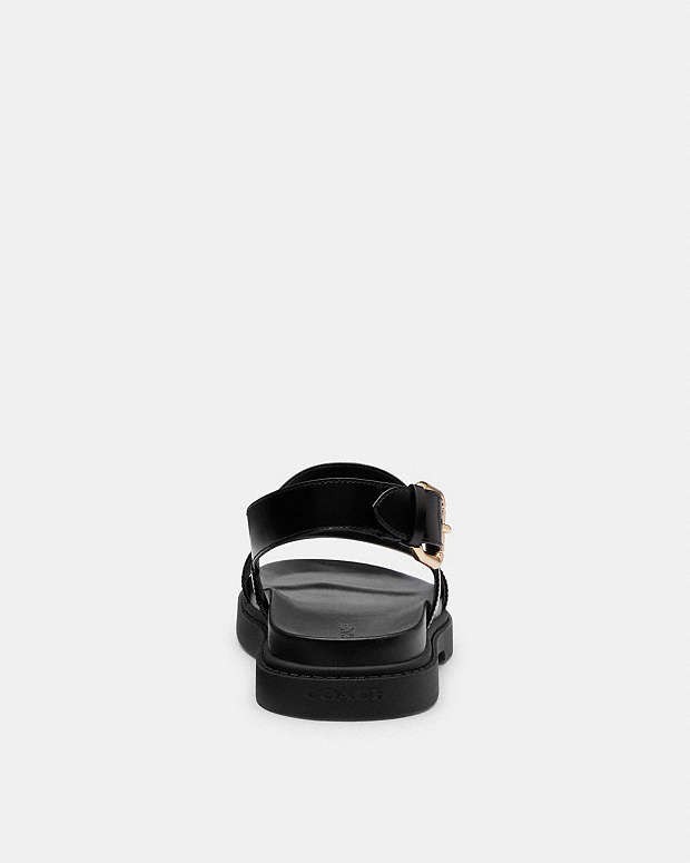 Coach Lockup Two Band Sandals Women’s Black Gold-tone Buckle Closure