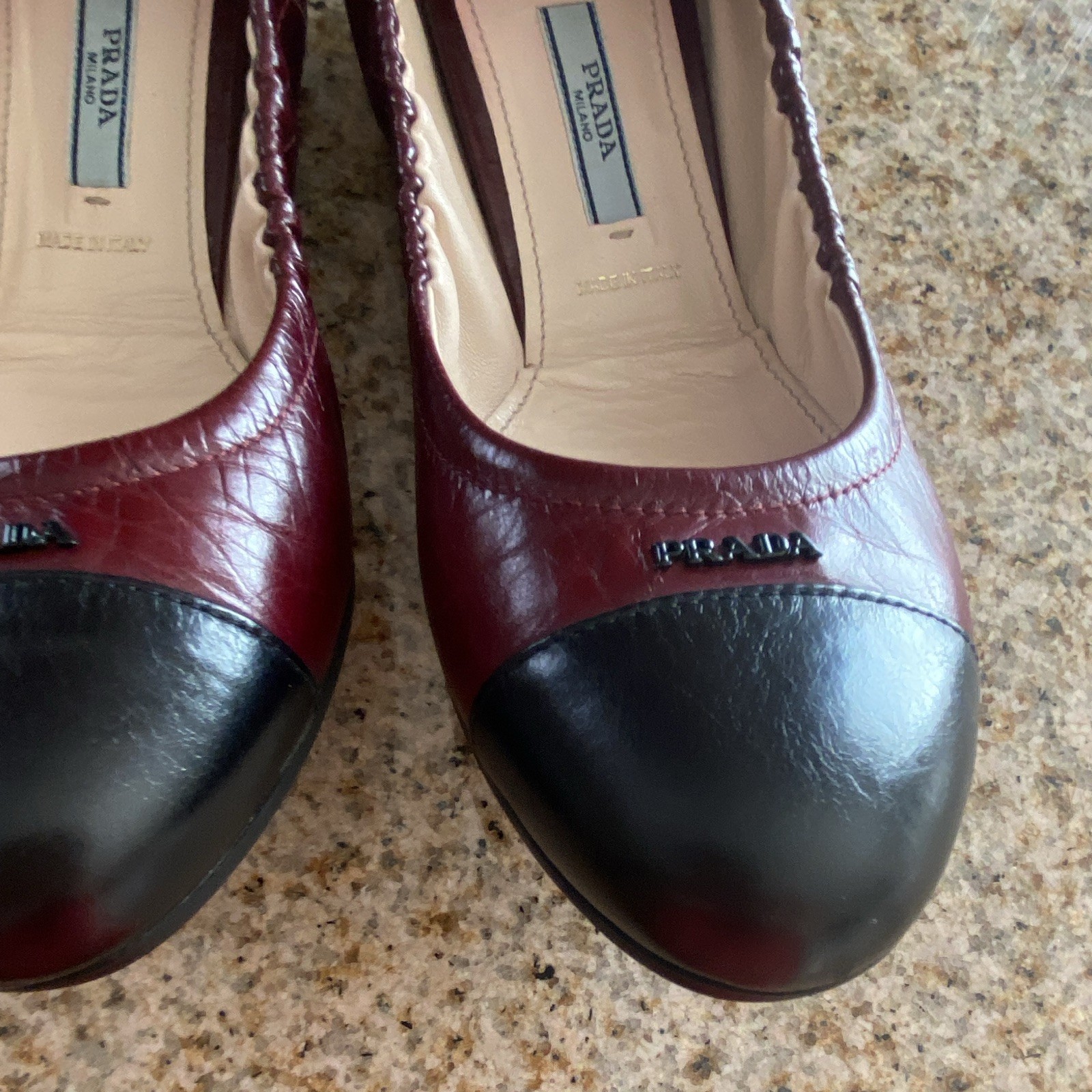 PRADA Women’s Burgundy Black Leather Cap Toe Ballet Flats Logo Slip-On US 8
