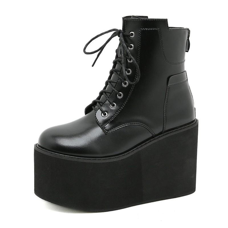 Womens Casual Punk Ankle Boots High Wedge Heel Platform Leather Shoes Thick Sole