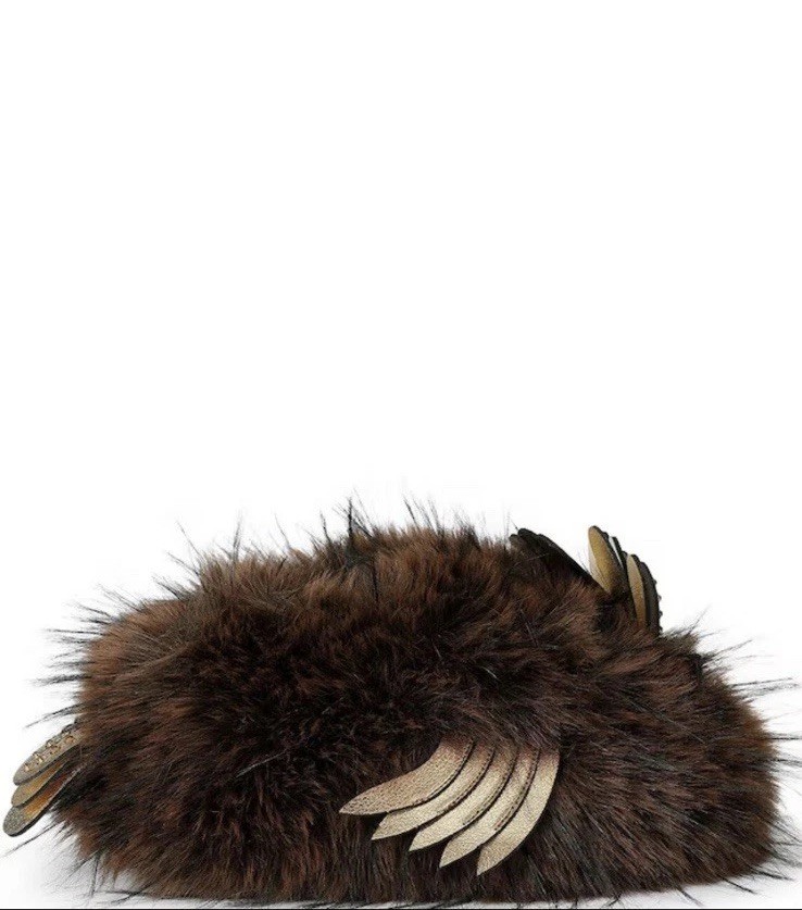 Kurt Geiger London-Eagle Fluff Faux Fur Bedazzled Brown/Gold Slippers, 8/9 New