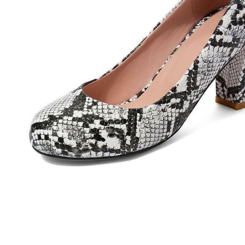 Womens Snakeskin Pattern Pumps Block Heels Slip On Shoes OL Office Dress Ladies