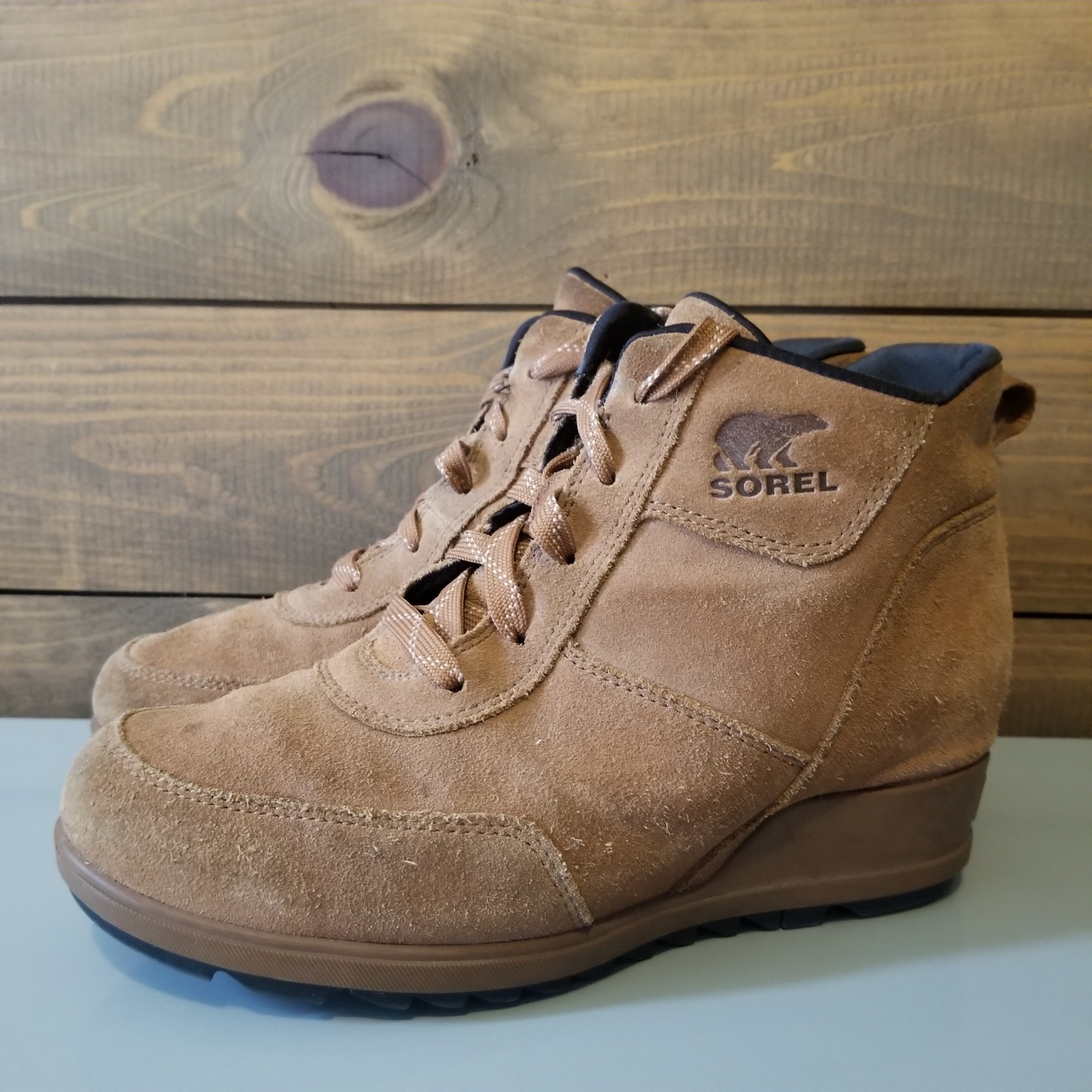 Sorel Evie Sport Wedge Heel Lace Brown Suede Booties Boots Womens Sz 8