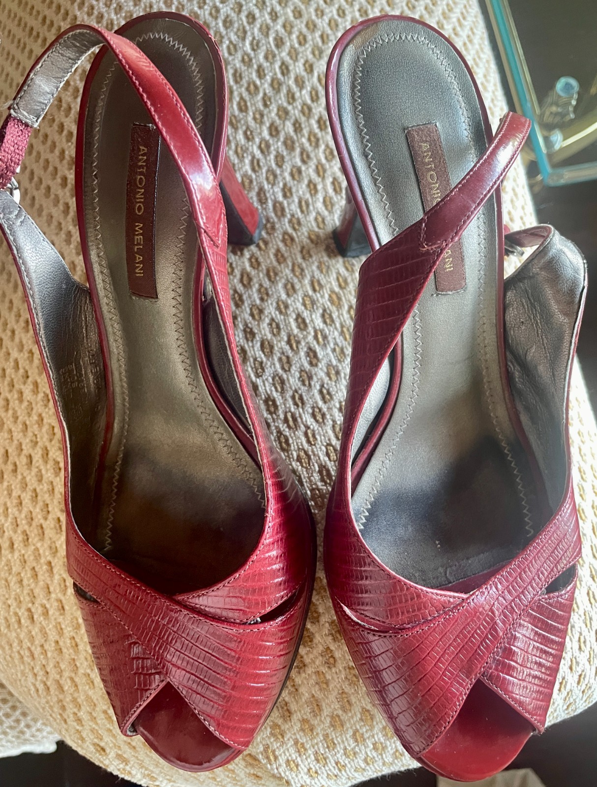 Antonio Melani Burgundy Red Leather Snakeskin Textured Peep-Toe Slingback 6
