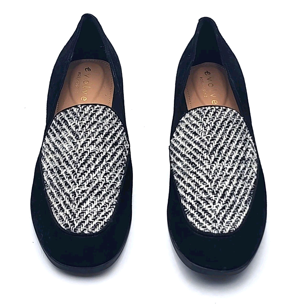 Evolve Easy Spirit Pip8 Women Size 8M Black Suede Loafer Marbled Grosgrain Top
