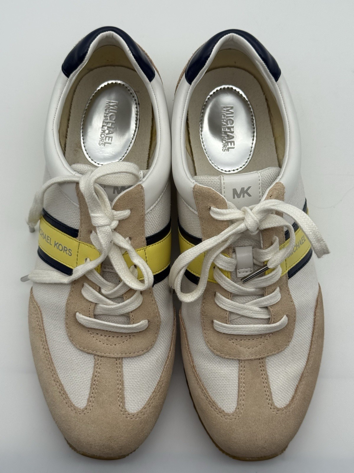 Michael Kors Textile Leather Shoes Sneakers White Beige Yellow Stripe Size 9.5M