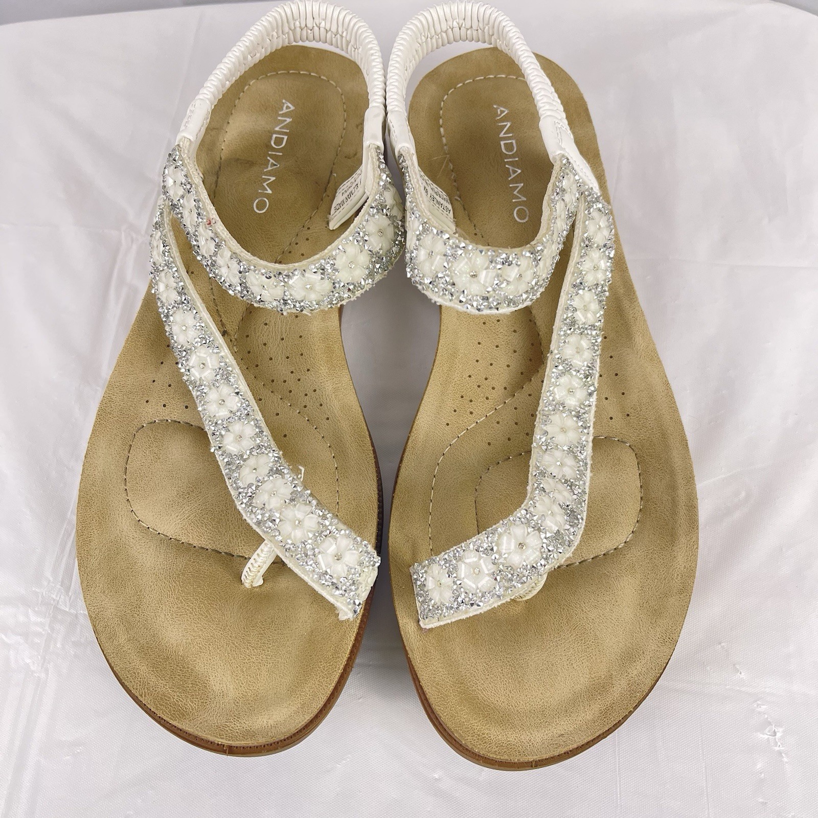 Andiamo Women Sandals 8M White Beaded Rhinestone Slingback Comfort Flat