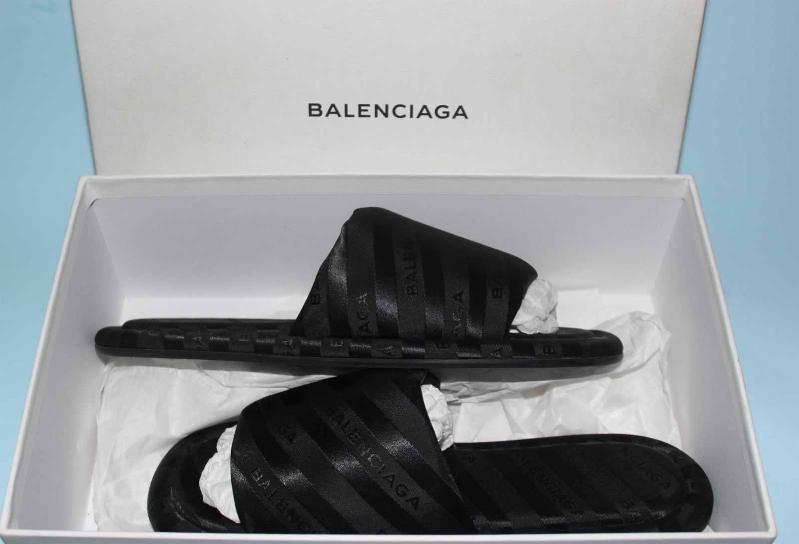 NIB BALENCIAGA Satin Logo Jacquard Hotel Slides Black Demna Le City sz 37 $600