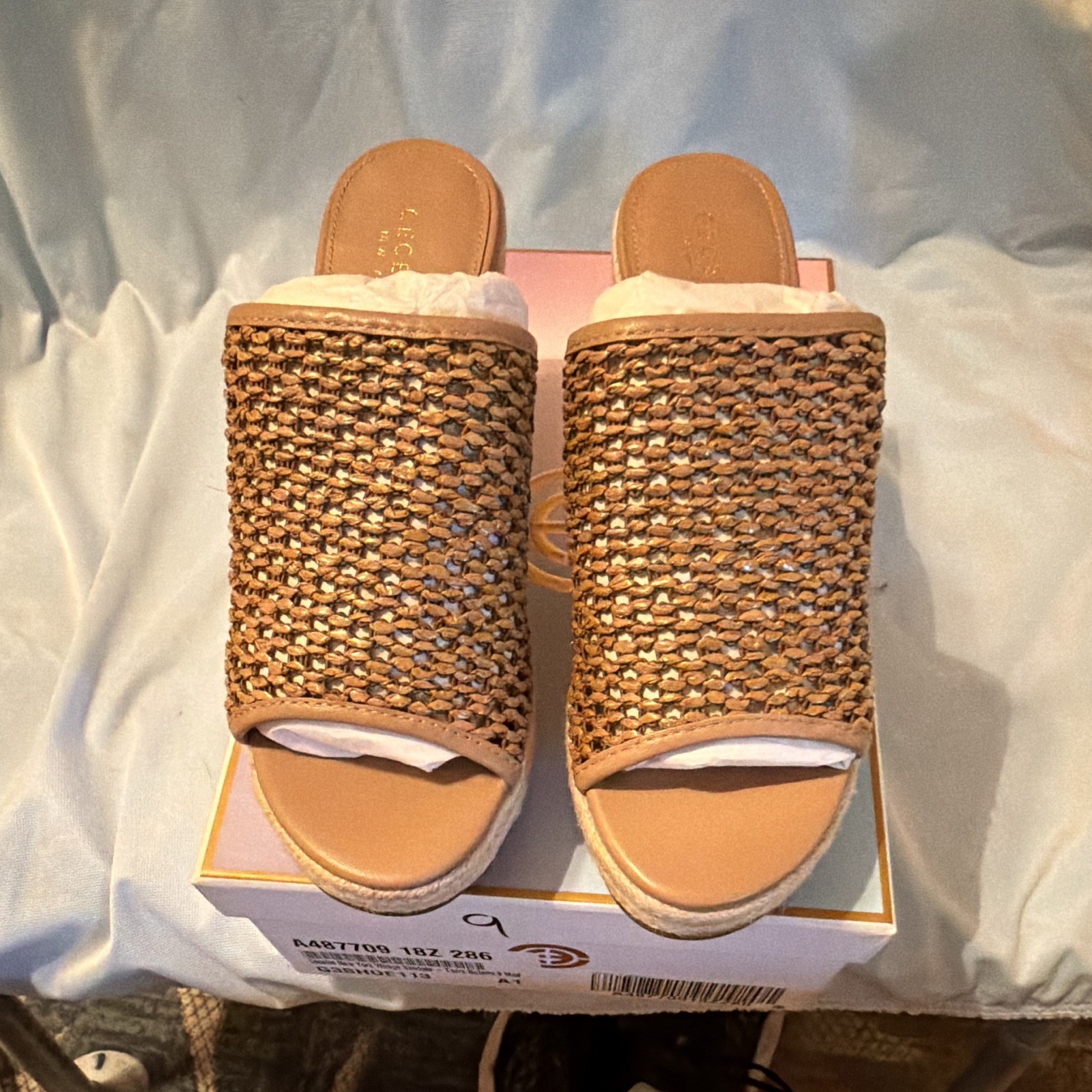 Casella New York Brown/Beige Leather Woven Wedge Slide Sandals Women’s US 9 M