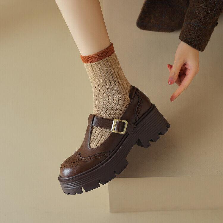 Women’s Leather Platform Mary Jane Thick Sole Dress Preppy Casual Carved Shoes