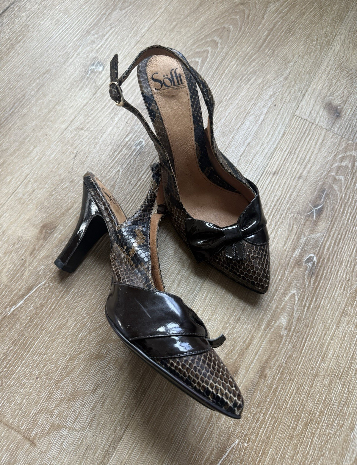Sofft Women’s Brown/Black Snake Print Leather Pointed Toe Slingback Heels 8.5M