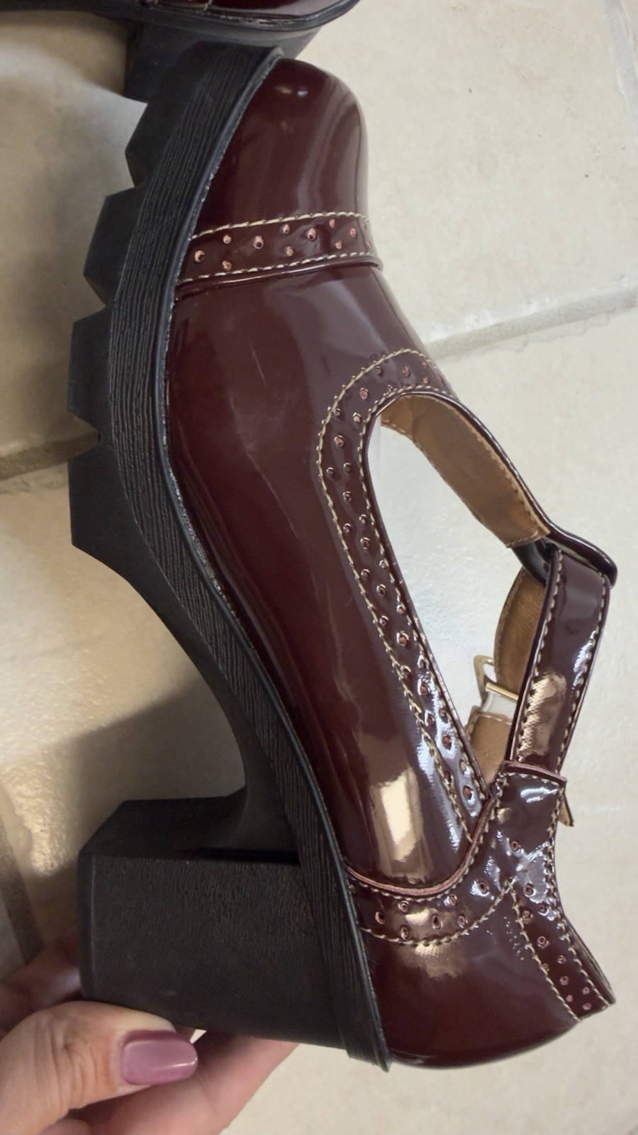 DADAWEN Women’s Burgundy Patent Leather Mary Jane Ankle Strap Buckle 7