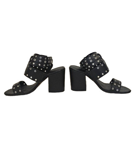 Rebecca Minkoff Black Carter Grommet Chunky Block 3.5″ Heel Sandal Size 6.5