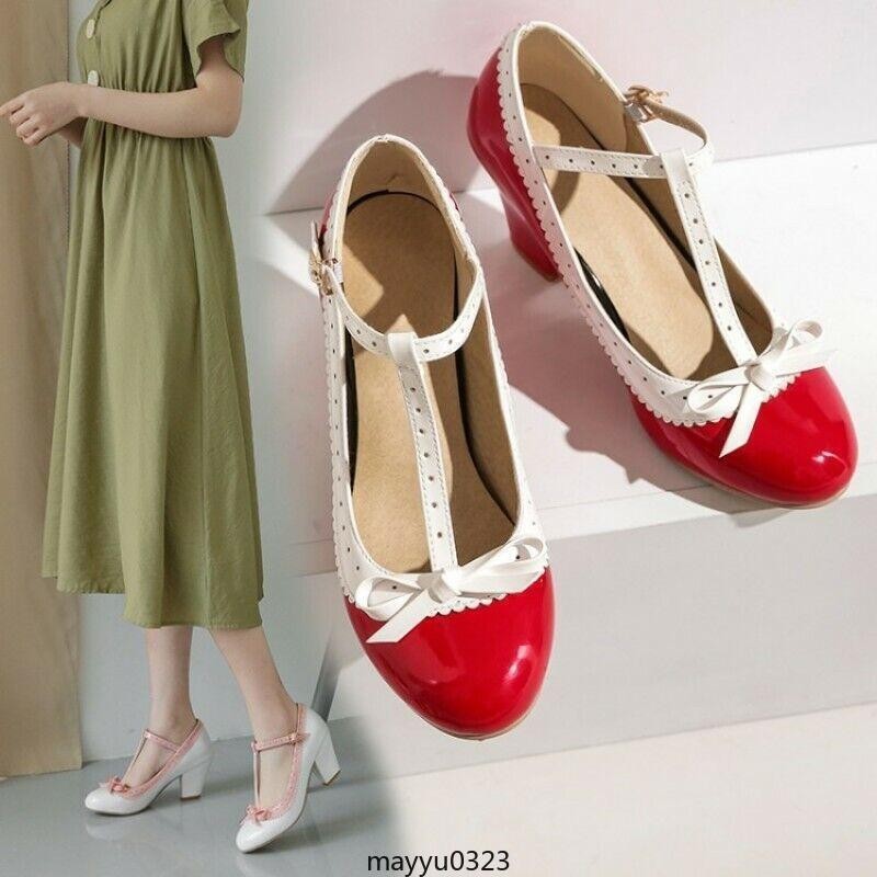 Women’s Mary Jane T-strap Bowtie Dress Lolita Mid Block Heel Pump Shoes Oversize