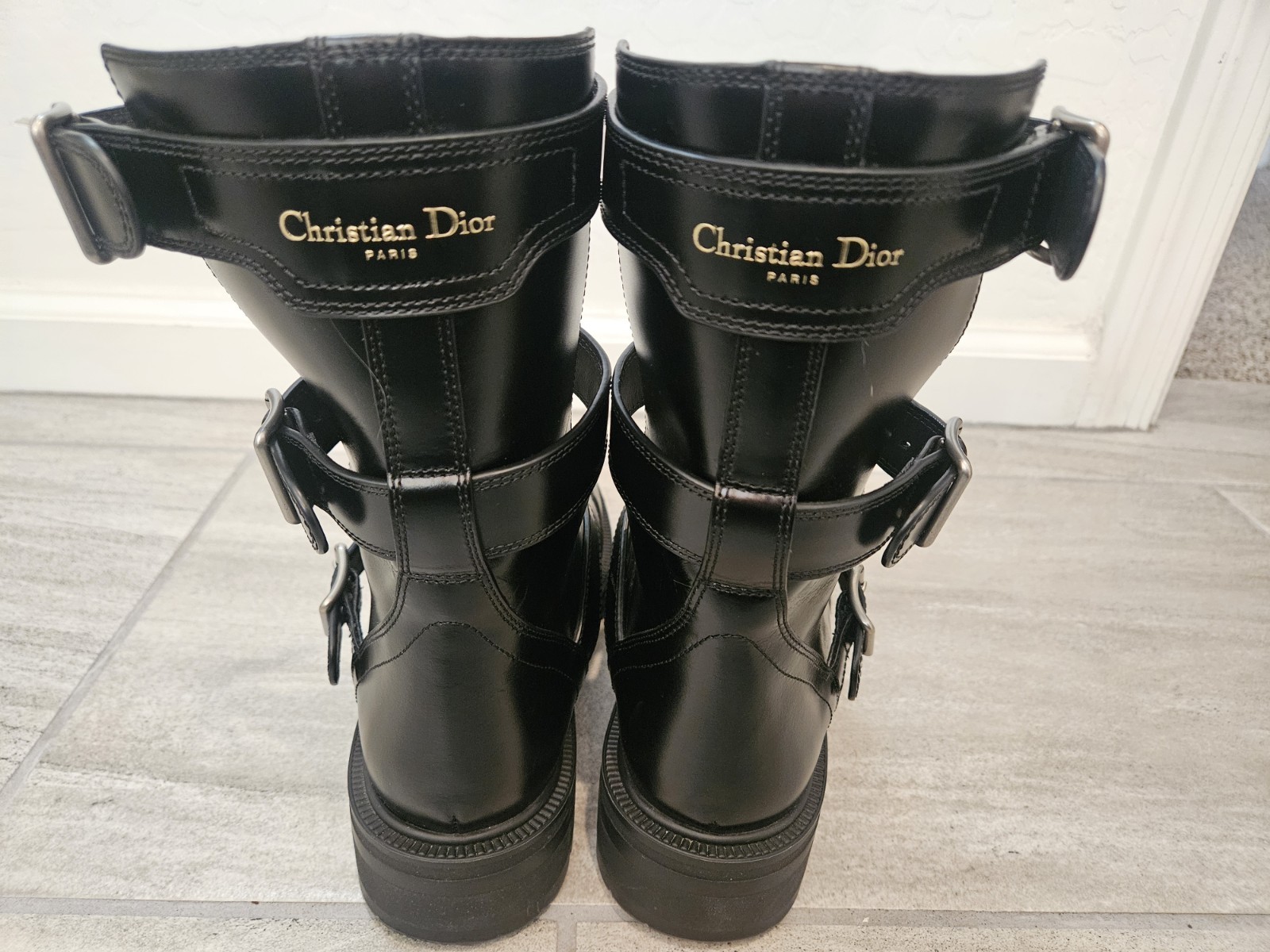 Christian Dior Black Leather Mid-Calf Biker Boots Buckle Straps US 8 EU 38