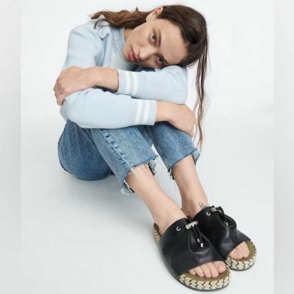 Rag & Bone Eva Espadrille Black Leather Slides Sandals 35 Tassel 5.5 Lamb Soft