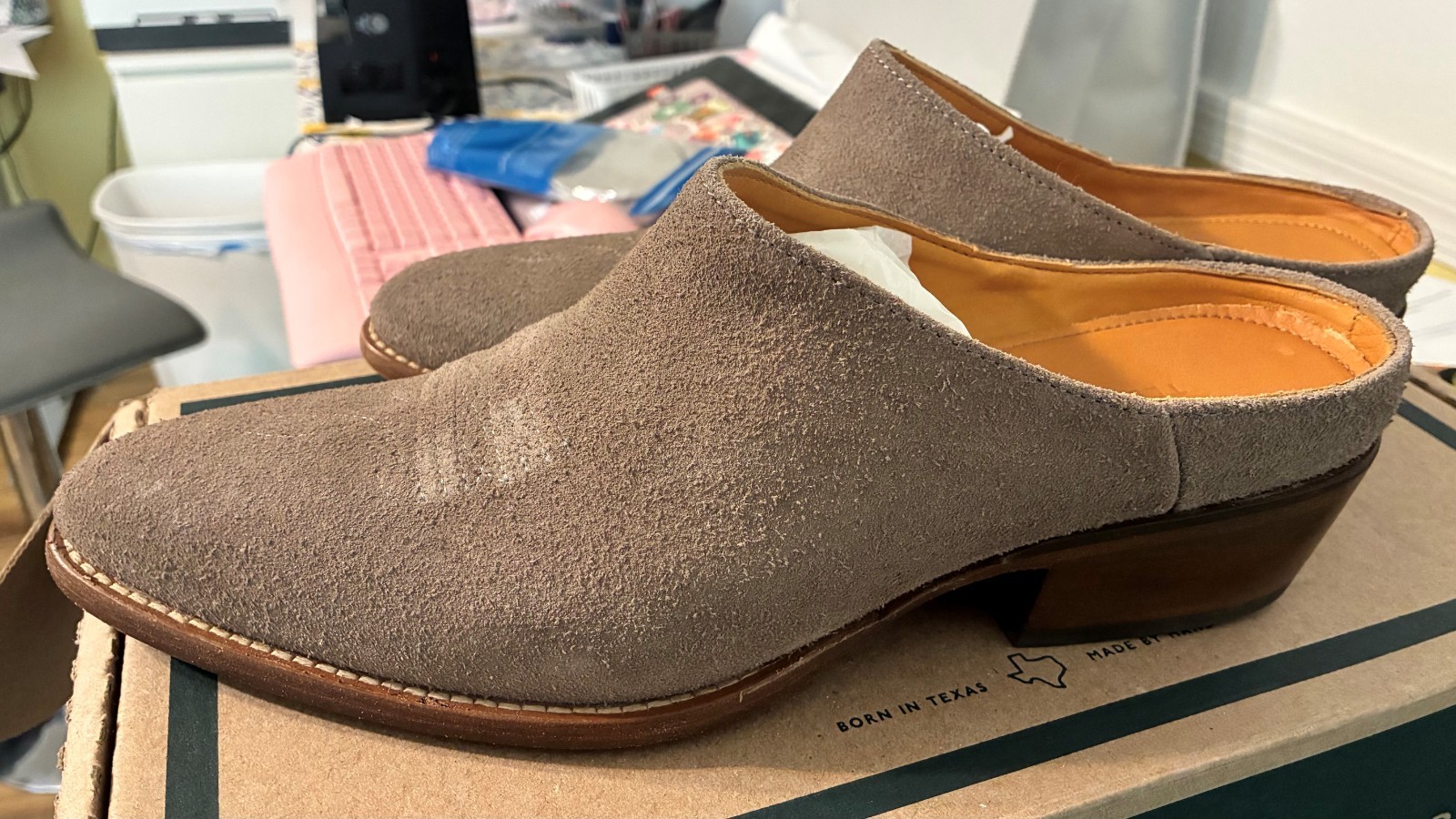 Tecovas Sophie Gray Suede Mules, Size 10B