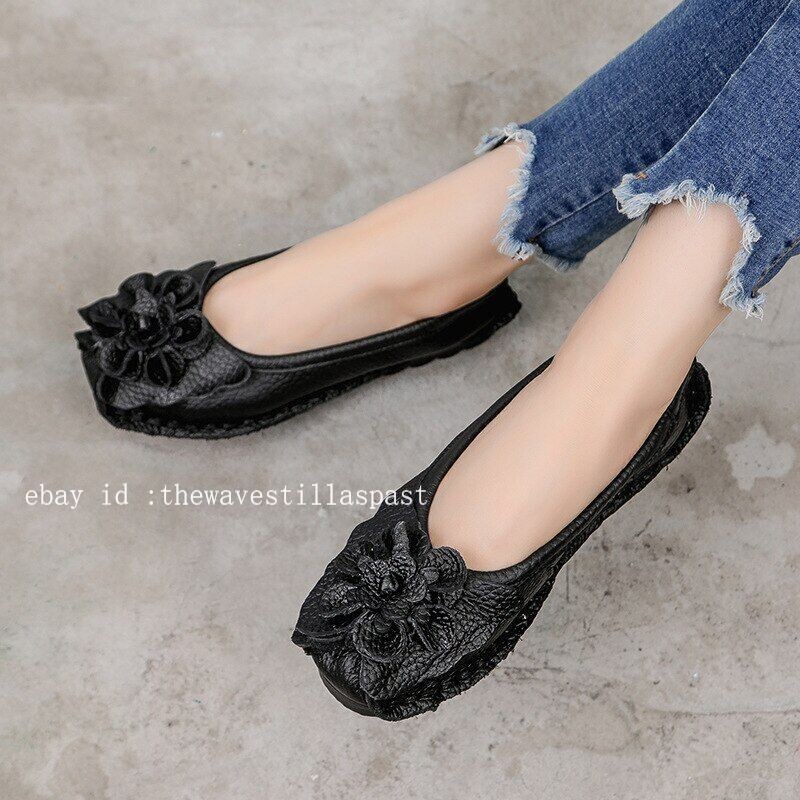 Leather Flat Shoes Women Flats with Flowers Ladies Soft Shoes Loafers Slip On