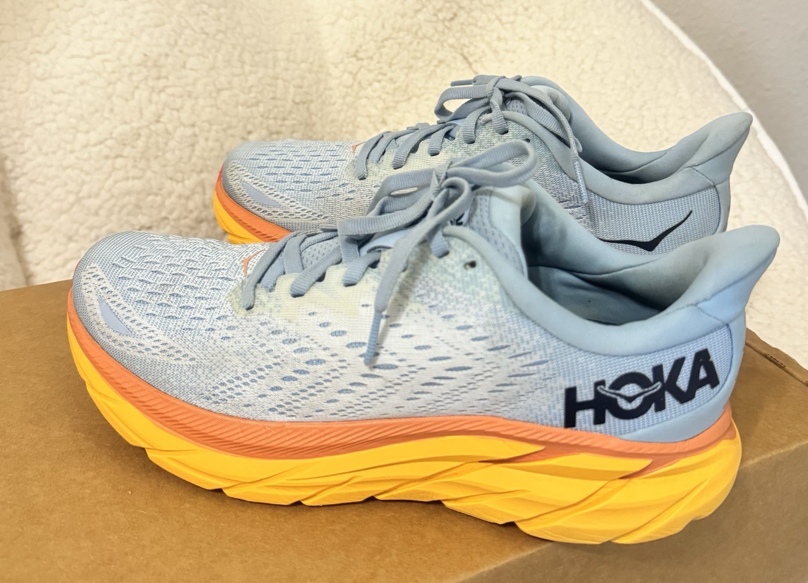 HOKA Clifton 8 Women’s Running Shoes L. Blue Orange Yellow Sneakers Size 7B US