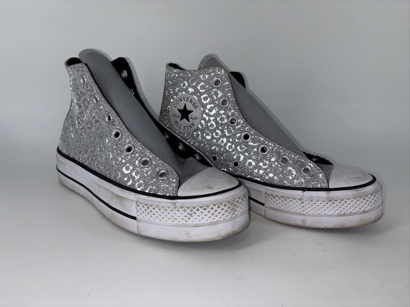 Converse CTAS Lift HI Silver/Black/White 572043C -SZ 8 EU39 Glitter Leopard