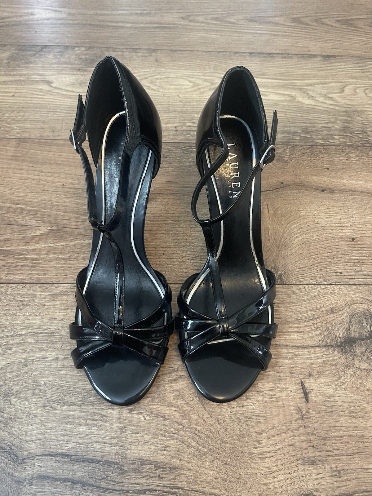 LAUREN RALPH LAUREN Ana Black Patent Leather T-Strap Stilettos Size 9B 4″ Heel