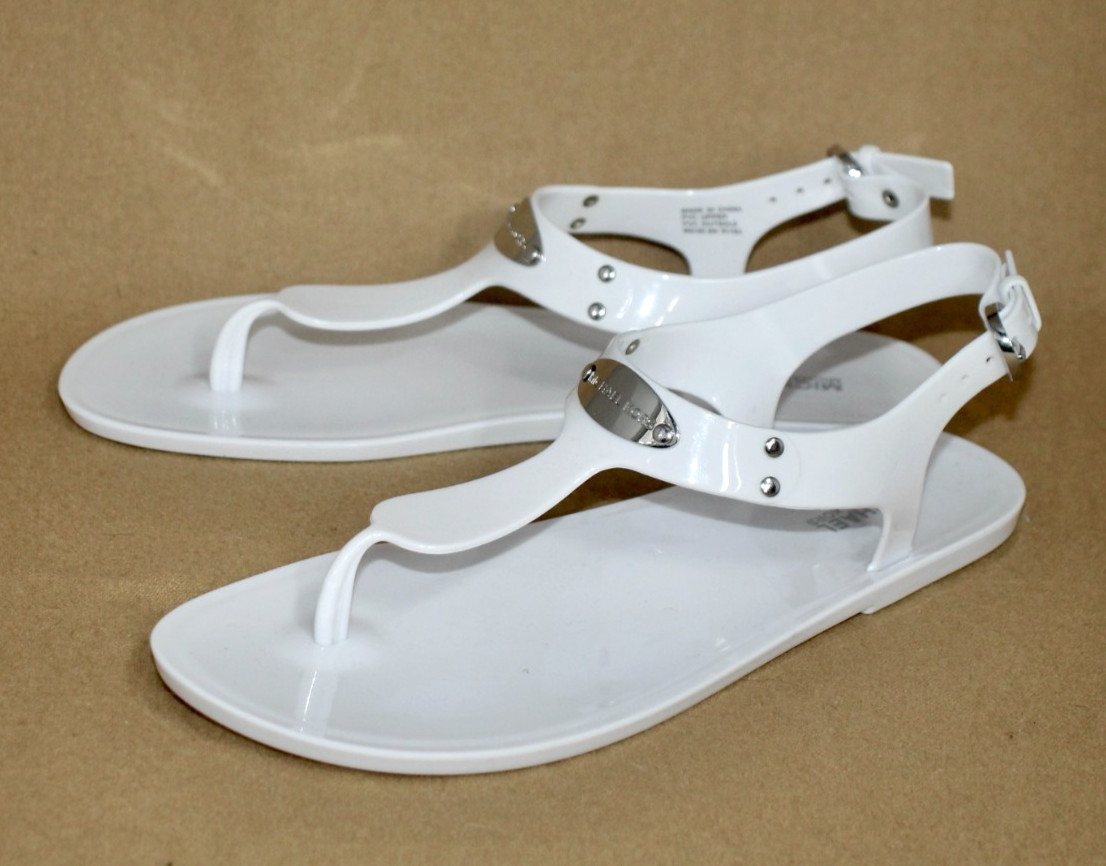 MICHAEL KORS MK Plate Jelly Ankle Strap Thong Sandal Size 8 Optic White & Silver