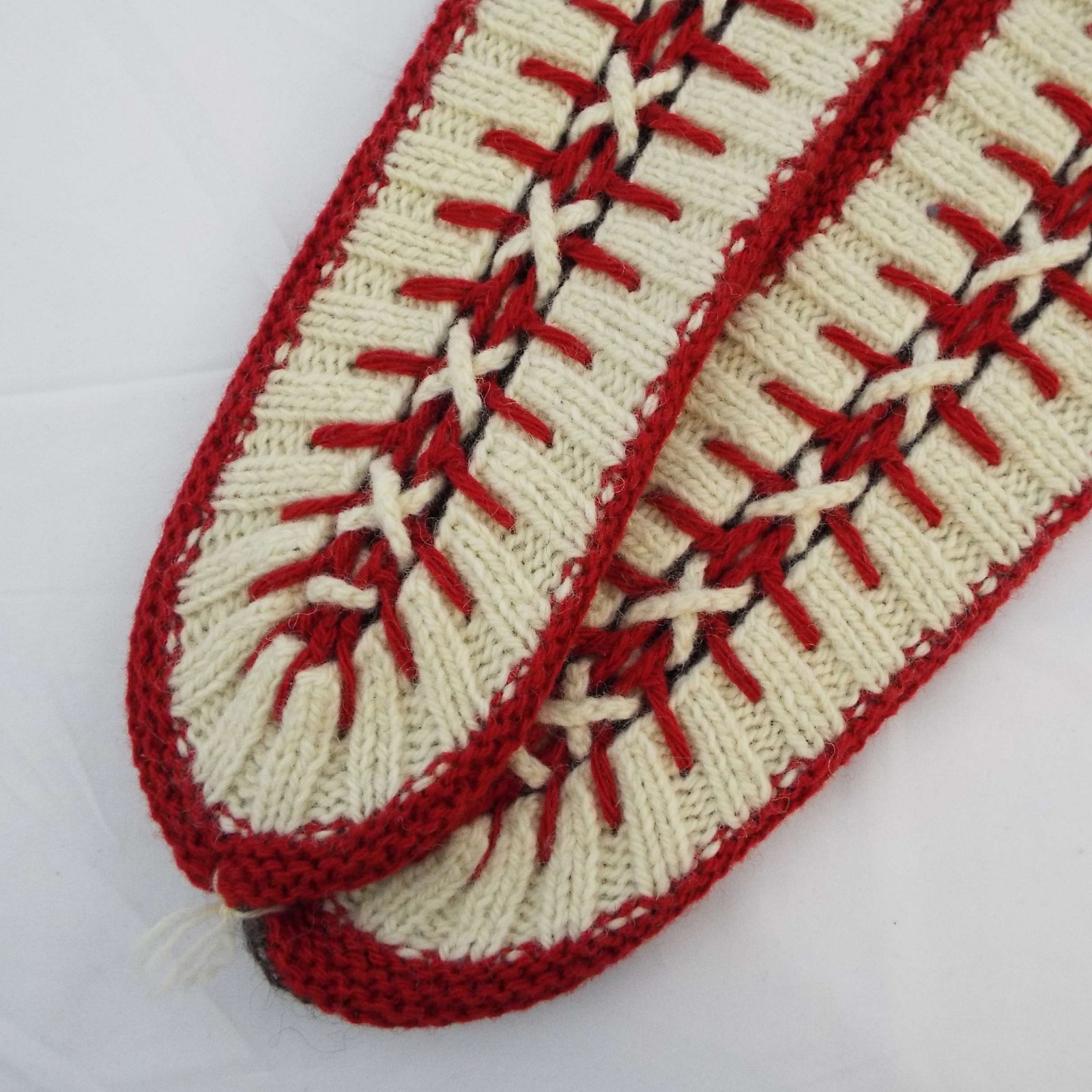 Hand Knit Women’s Red, White, Gray 21″ Lace Up Slipper Socks NWOT One Size