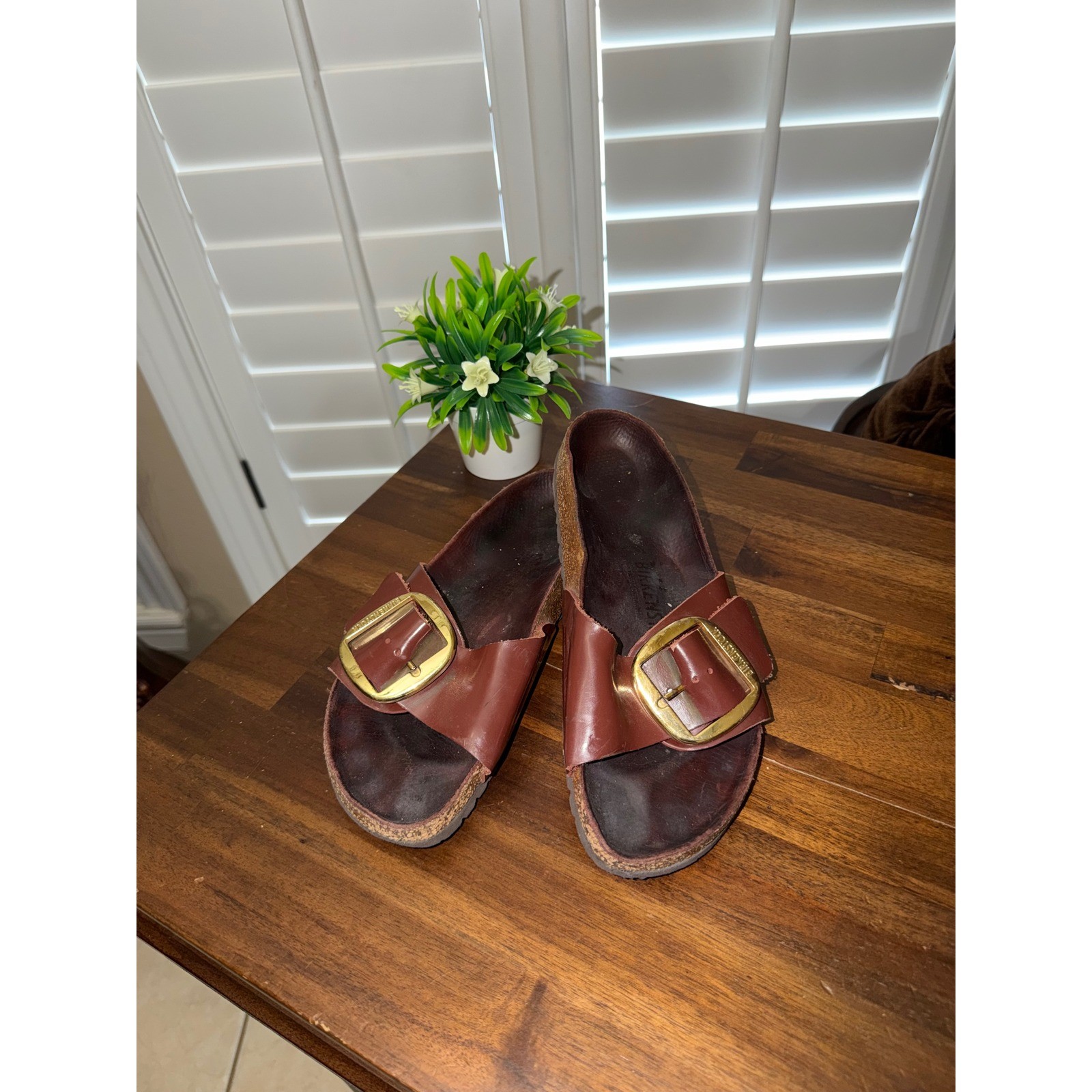 Birkenstock Madrid Big Buckle Cognac Leather Slides Gold Buckle Sandals 39