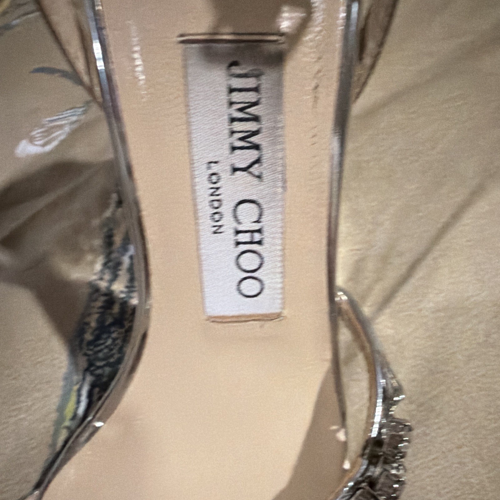 Jimmy Choo Women’s Silver Silk Wedge Heels Open Toe Ankle Strap Buckle 5.5