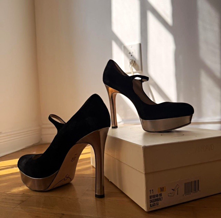 L.K. Bennett Black / Chrome Suede Platform Pumps Ankle Strap Mary Jane US 11 M