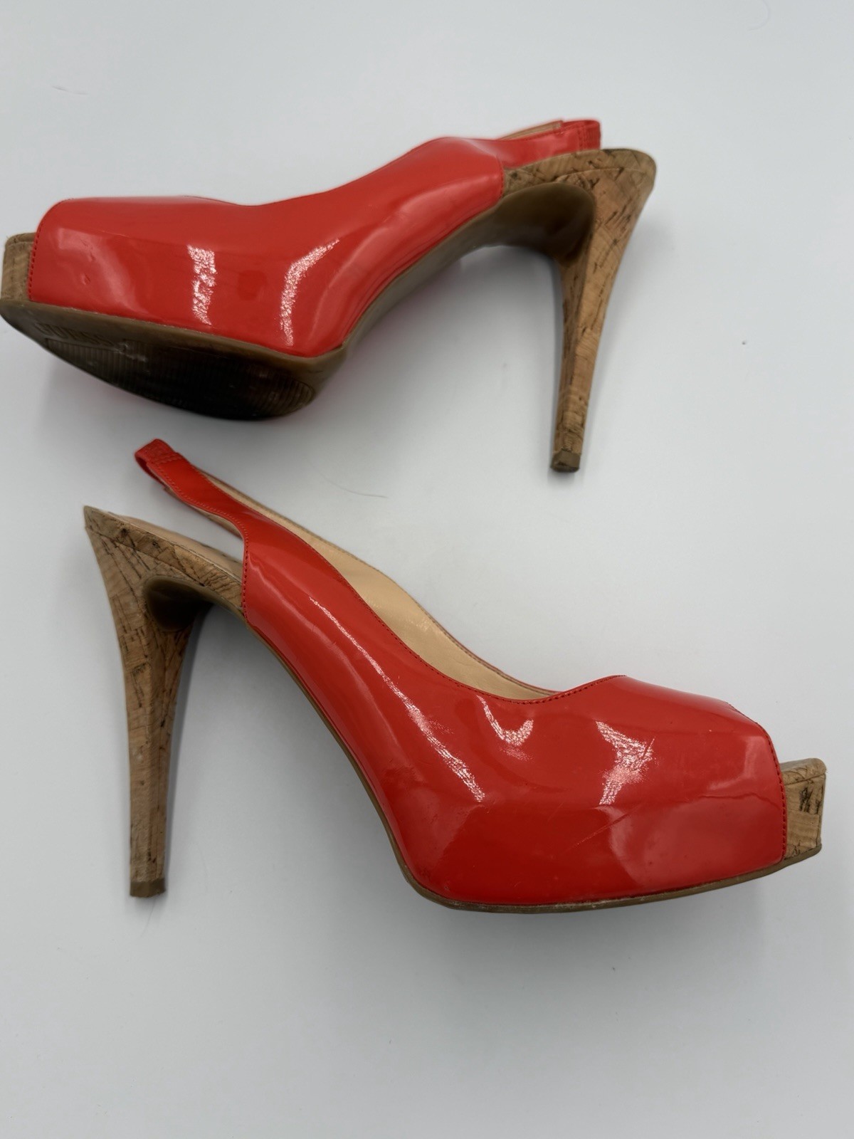 Guess Aero6 Orange Patent Peep Toe Slingback Cork Platform Heels Women’s 9.5