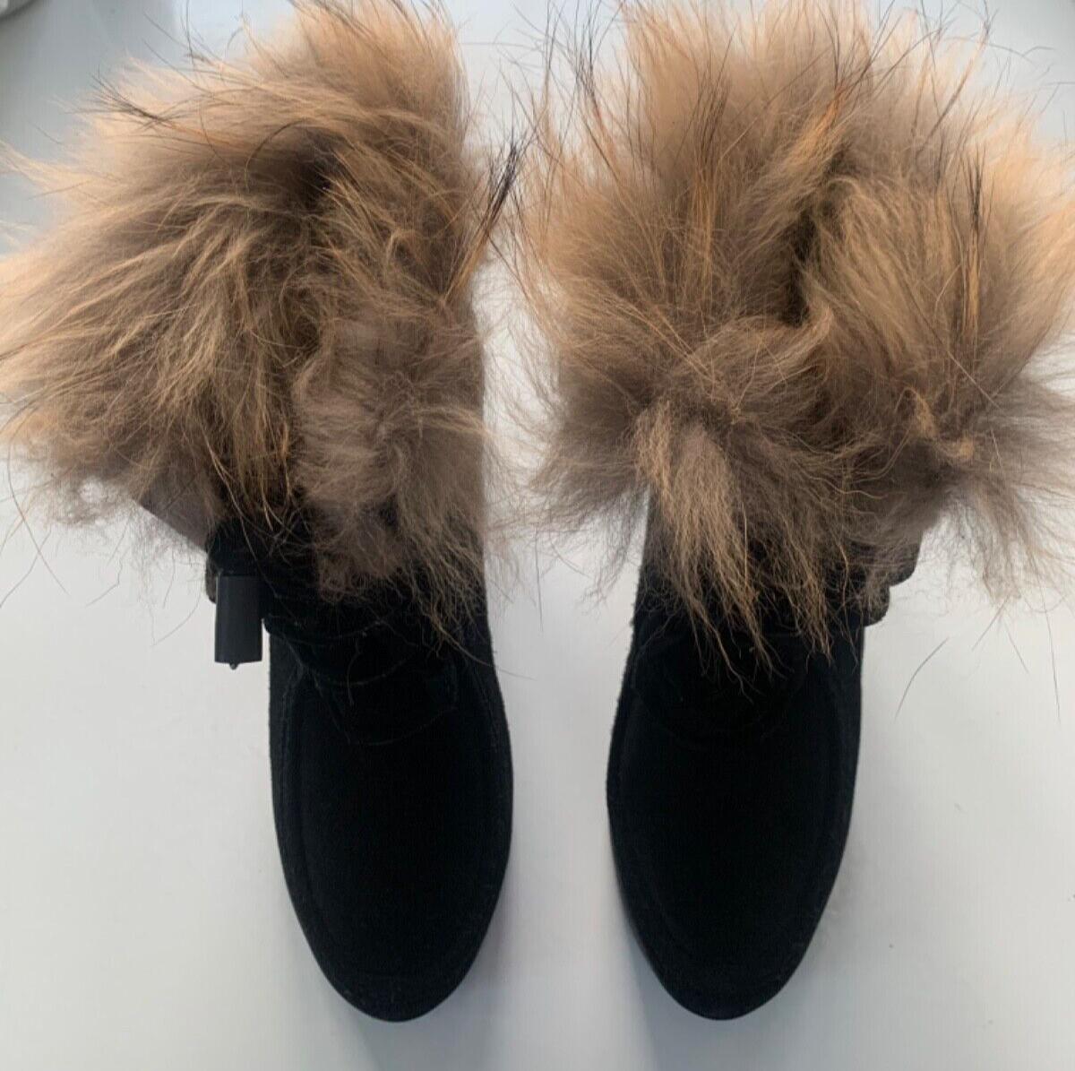 BARNEYS NEW YORK Womens Boots 8 7.5 HEIDI Hidden Wedge FOX FUR Leather SUEDE