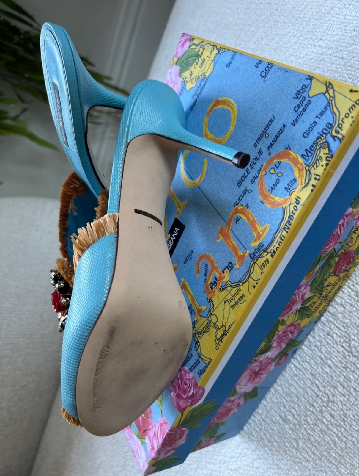 Dolce & Gabbana Iconic Raffia and Leather Peeptoe Mules. Size 41/US 11